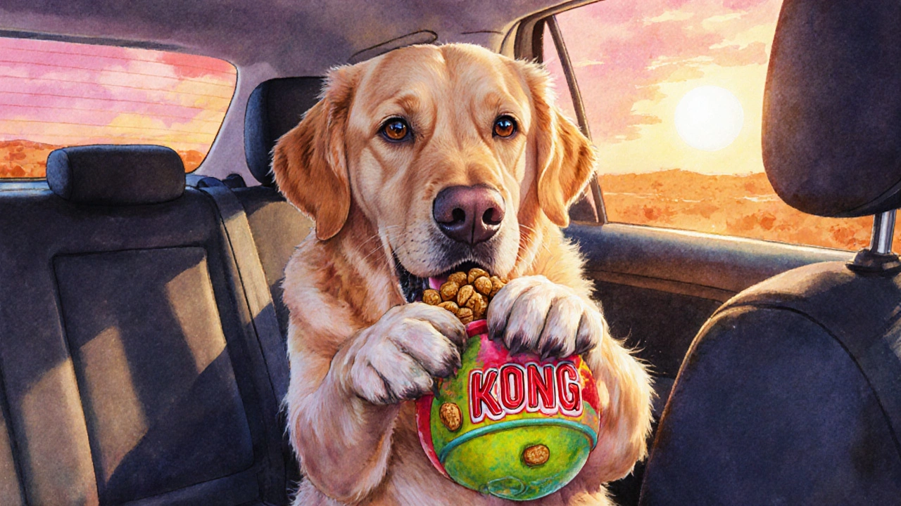 Labrador hraje s naplněným Kongem na zadním sedadle