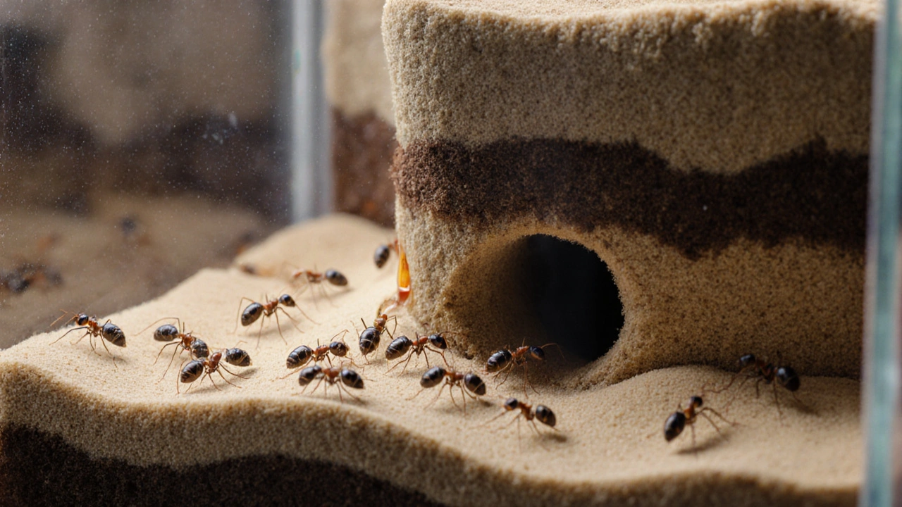 Ant colony building tunnels in layered sand and soil inside a transparent formicarium.