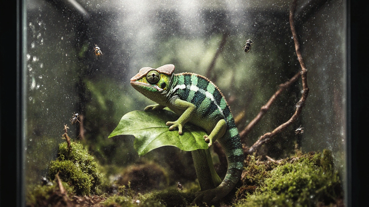 Tiny chameleon on a leaf inside a misty terrarium with droplets on glass walls.