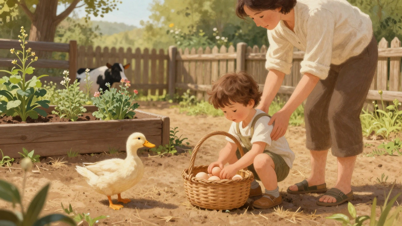 Malé dítě klade vejce do košíku, kachna se blíží k nim na farmě.