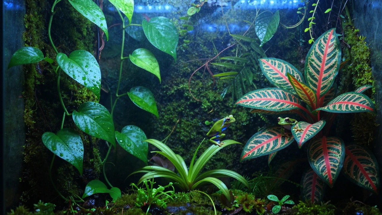 Vlhké terárium s pothos, fittonií a sphagnumem, kde sedí malá žabka na listu.