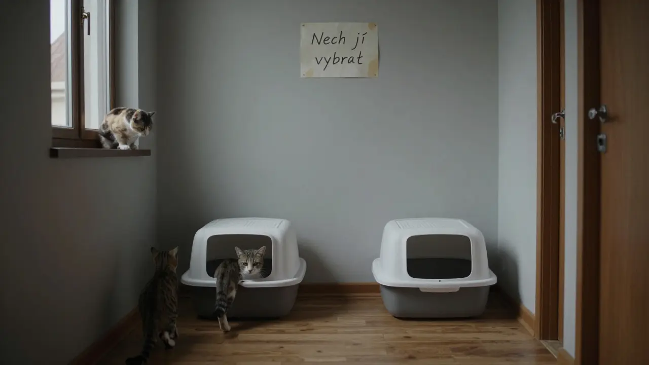 Dvě nízké záchodové nádoby v klidných koutech domácnosti, jedna u okna, druhá v chodbě.
