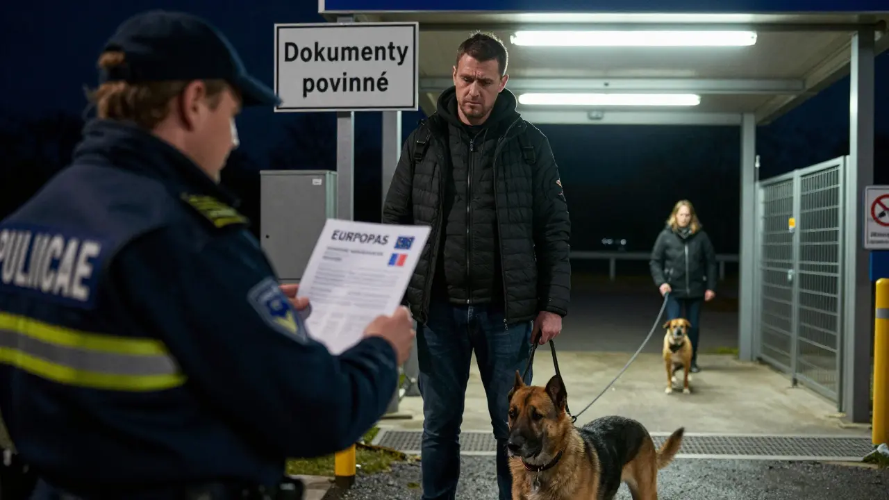 Hranice v Evropě: příslušník kontroloval dokumenty psa, zatímco majitel stojí s neklidným psem.