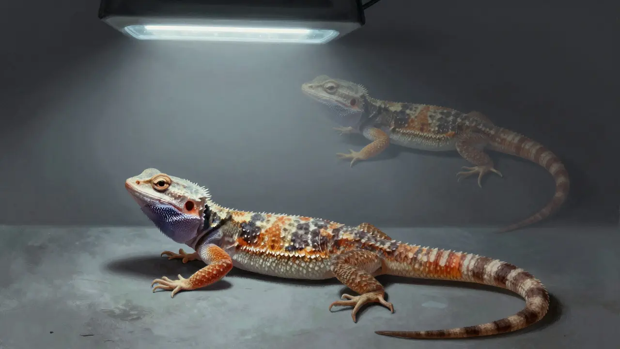 Hubnoucí agama vousatá na chladném podlaze s nedostatkem světla a tepla.