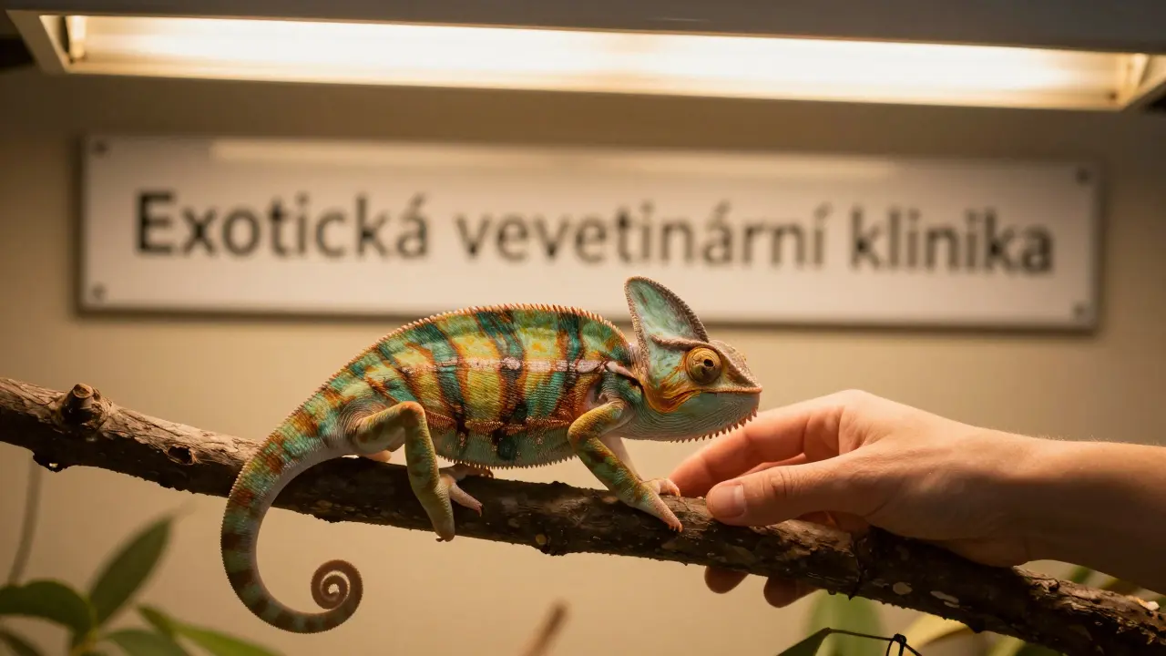Chameleon na teplé větvi pod novou UVB žárovkou, ruka ho jemně udržuje.