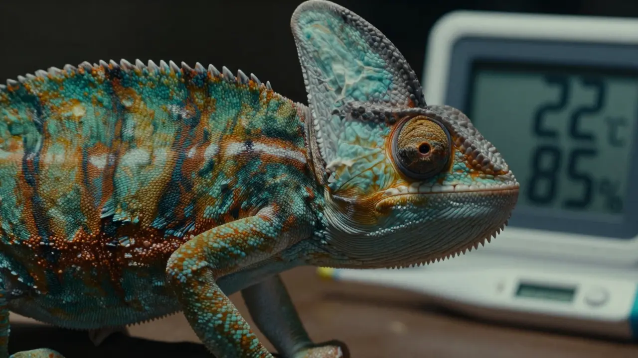 Detail chameleónovy strany s výrazně vpadlými boky a odlupující se kůží.