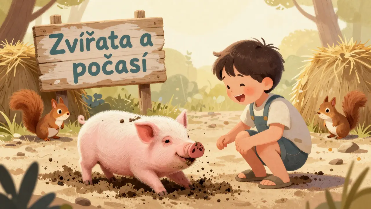 Dítě se směje, když se prase valí v písku, zatímco veverka pozoruje z hay balíku.