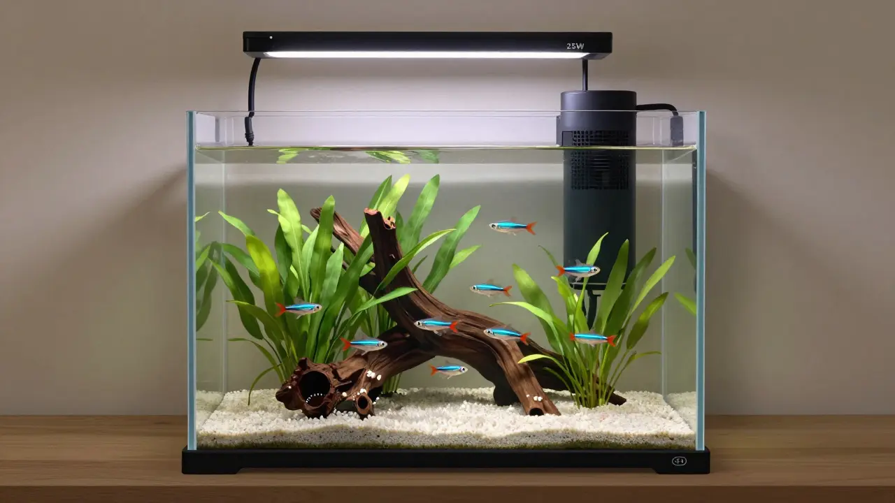 Minimální nastavení 10l akvária s chili rasborami a skrytým filtrem, přirozené osvětlení.