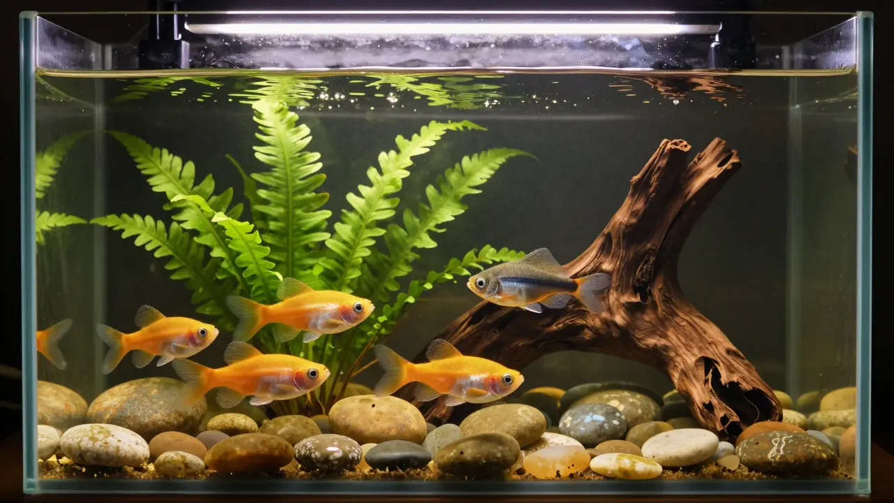 Nastavení 80l akvária s molinsii, pygmy gouramim a java fernem v přírodním osvětlení.