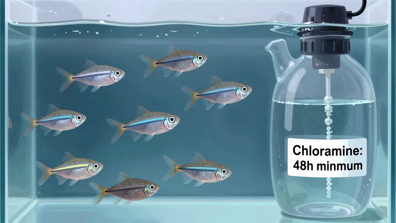 Stresované rybky v akváriu s otevřenými žábry, vedle nich nádoba s vodou a označením 'Chloramin: 48h'.