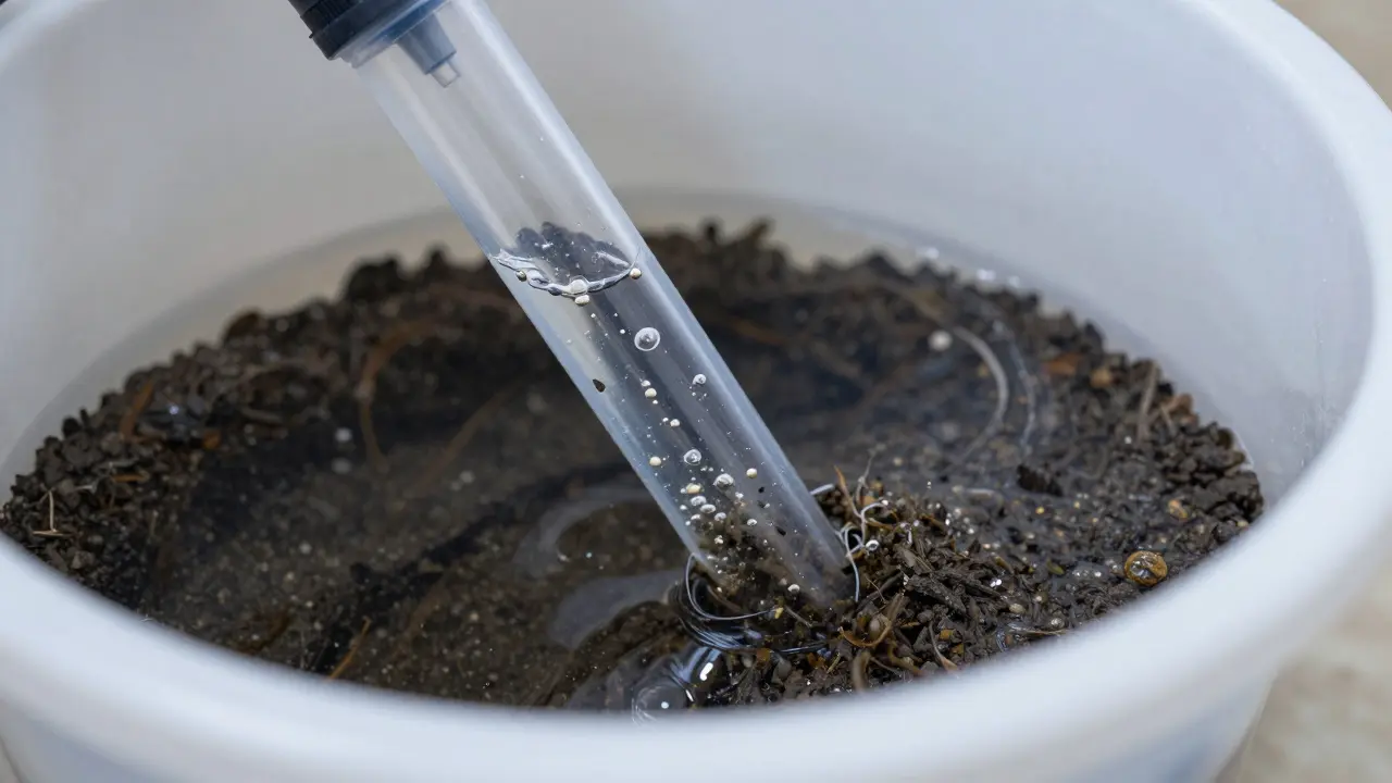 Akvarijní odsátkáč při čištění dna malého akvária od nečistot.