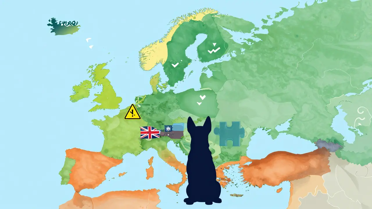 Ilustrace rozdílných pravidel pro cestování se psem v EU a mimo ni