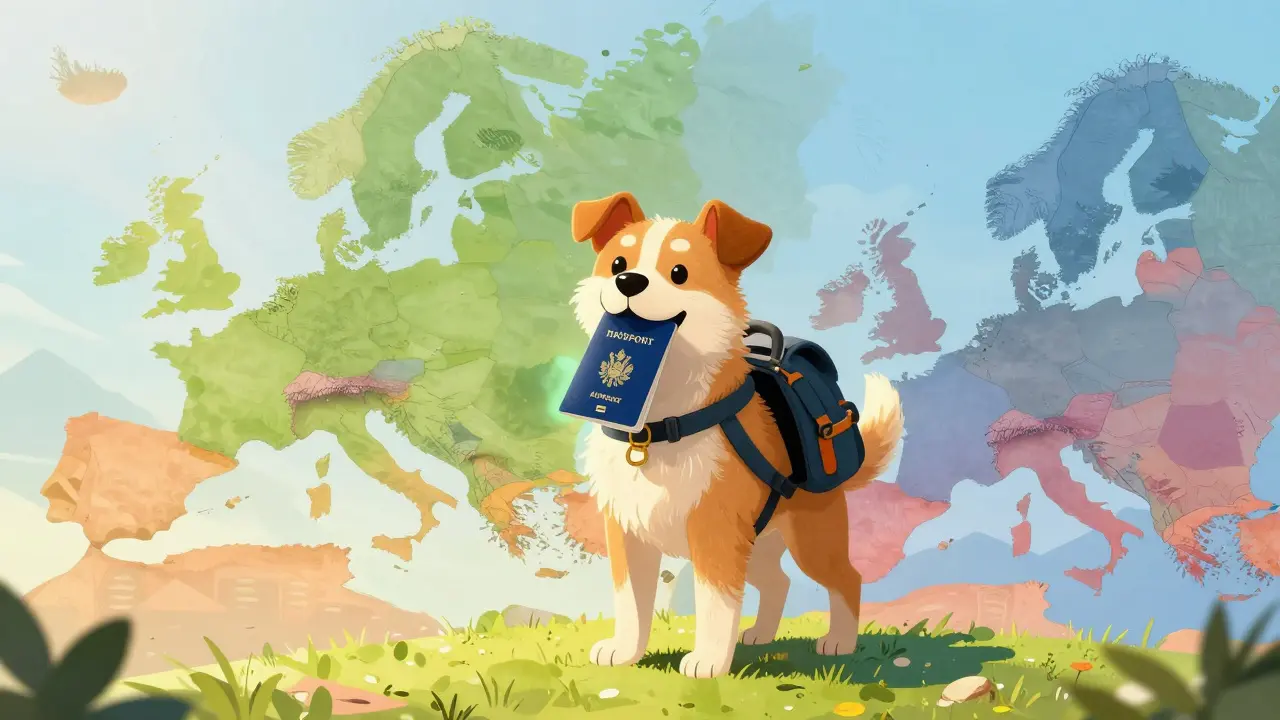 Pes s batůžkem a pasem u hranic Evropy, ilustrace cesty