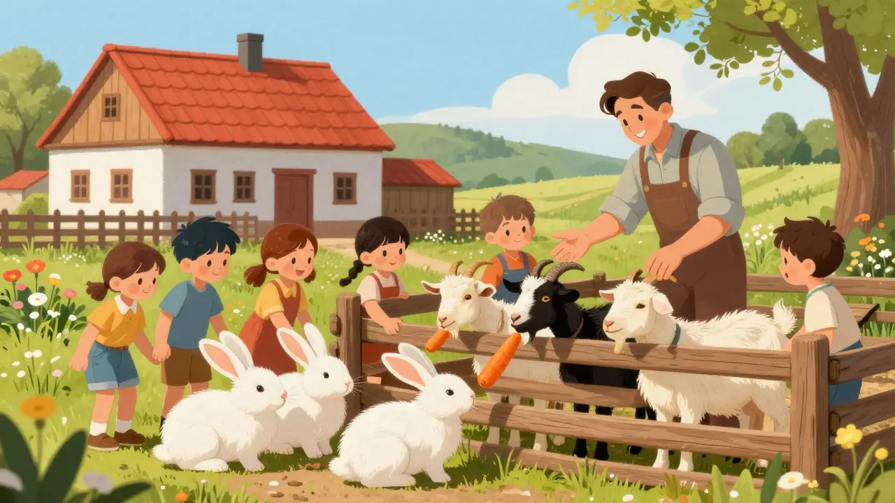 Rodina na kontaktní farmě, děti hladí králíky a kozy u stodoly