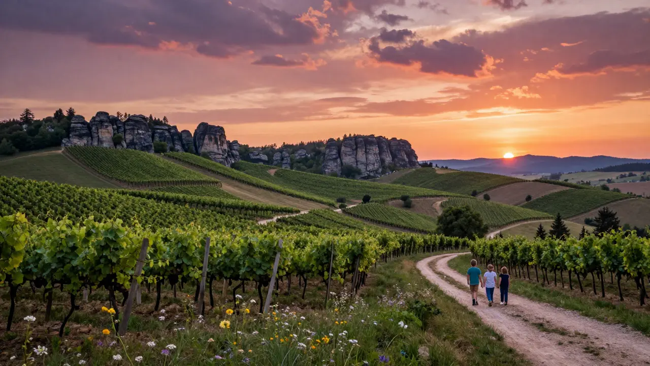 Rodina prochází vinicemi v národní přírodní rezervaci Pálava