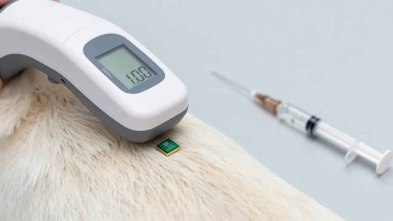 Skenování mikročipu na psí kůži a vakcína ve veterinární klinice