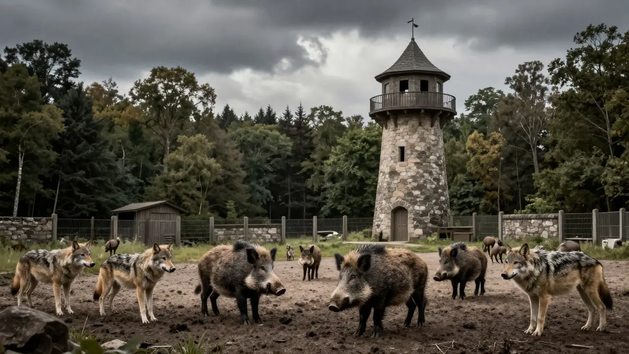 Divoká prasata a vlci u historické vyhlídkové věže Březina