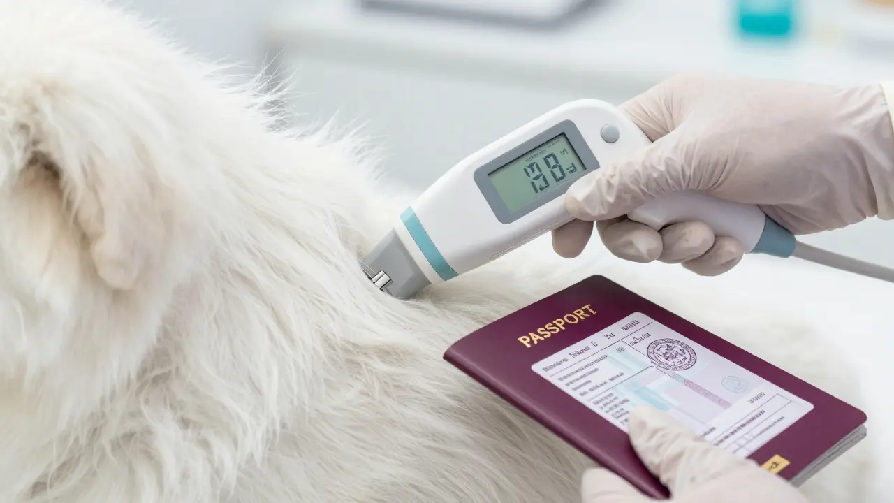 Veterinář skenuje mikročip psa vedle otevřeného euroopasu