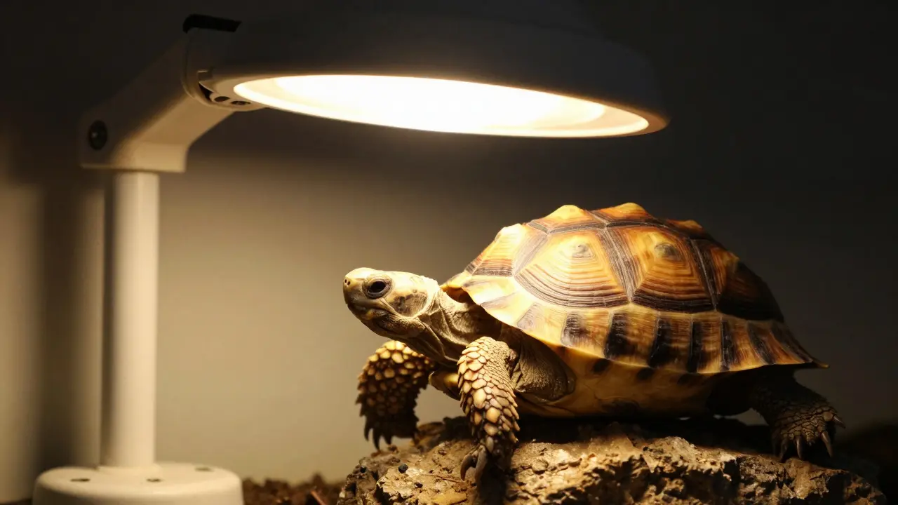 Želva se zahřívá pod UVB a topnou lampou v teráriu
