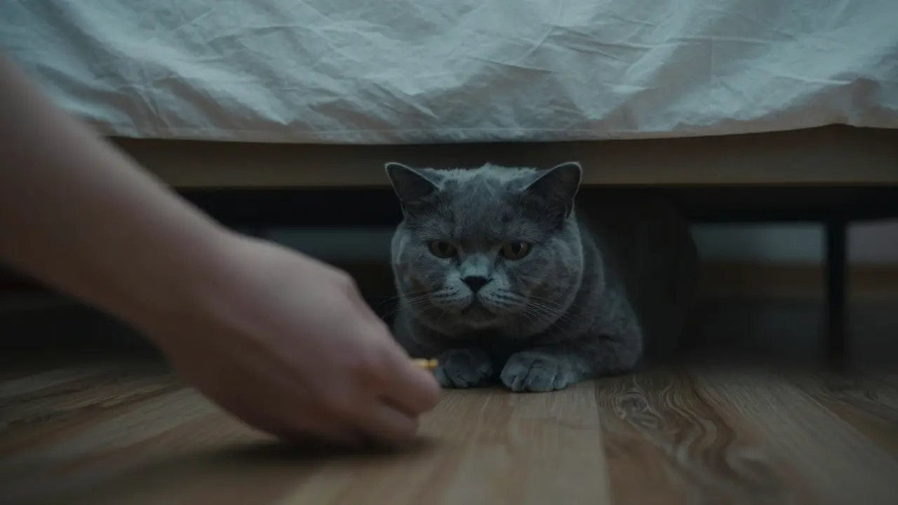 Zmatená kočka schovaná pod postelí v neznámém prostředí