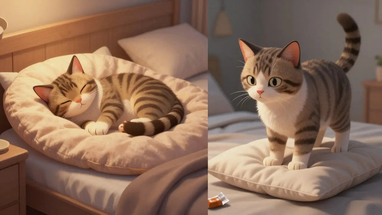 Kočka v pelíšku vedle postele jako alternativa ke sdílení lůžka