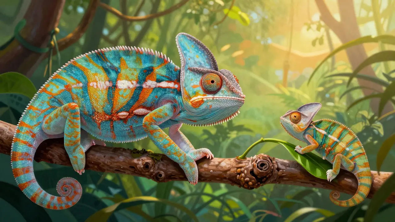 Umělecká ilustrace srovnávající velkého panterového a malého trpasličího chama leona