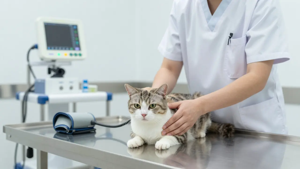 Veterinář vyšetřuje kočku na klinice před operací
