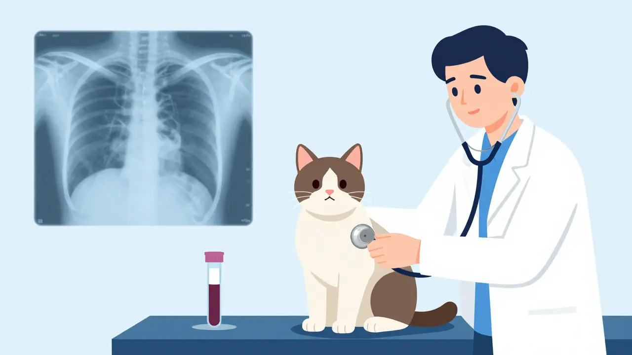 Veterinář vyšetřuje kočku stetoskopem na klinice