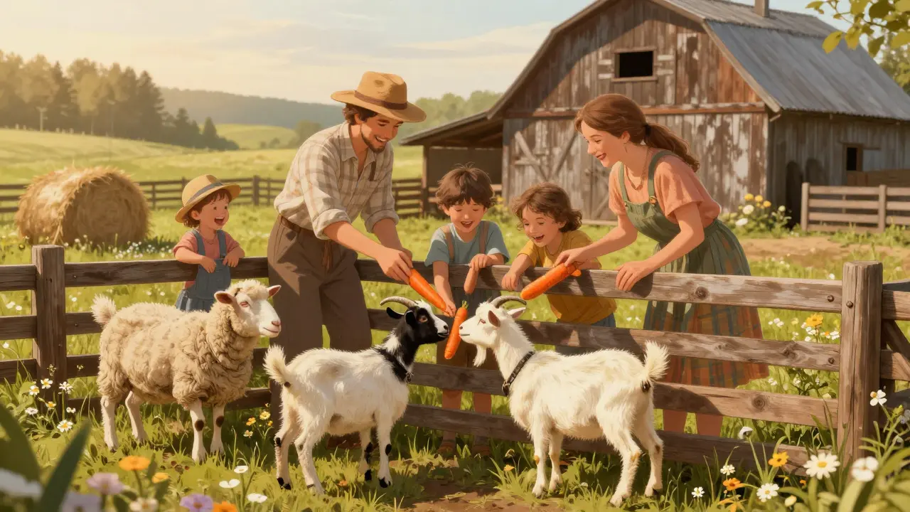 Děti krmí kozy a ovce na malé kontaktní farmě v severních Čechách