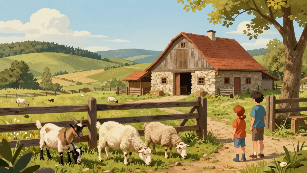 Děti pozorují ovce na venkovské farmě ve Vysočině