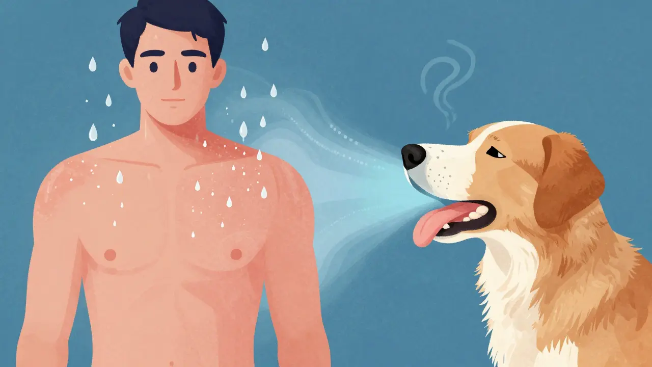 Ilustrace porovnávající pocení u lidí a odpařování tepla přes dýchací cesty u psů za pomoci vizuálních prvků.