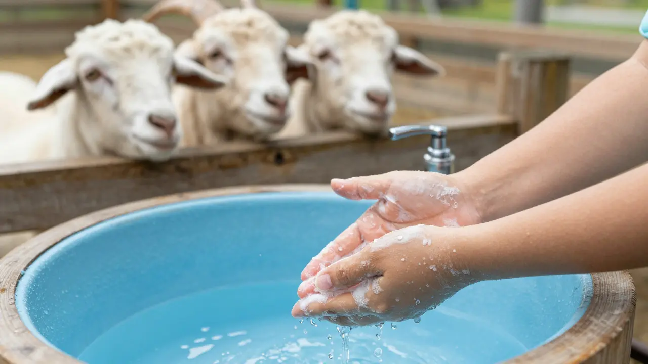 Ruce myté mýdlem před krmením koz a ovcí na farmě