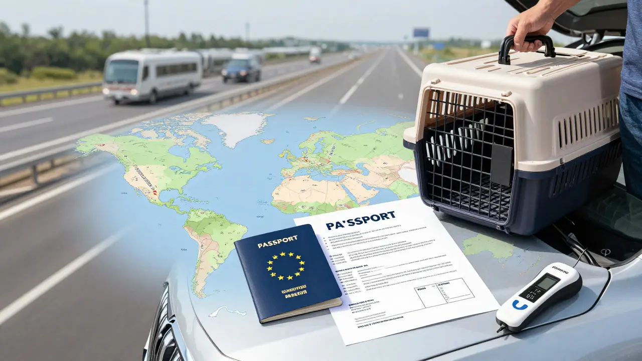 Vlastník s transportérem a veterinárním průkazem u auta před cestou