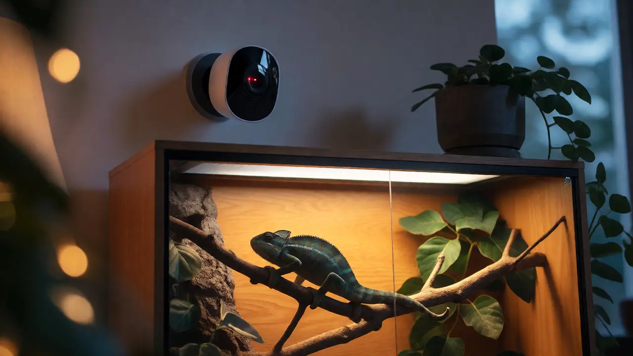 Chameleon odpočívá v osvětleném teráriu pod dohledem kamery