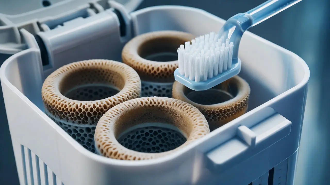 Detail keramických bio-kroužků v otevřeném filtru