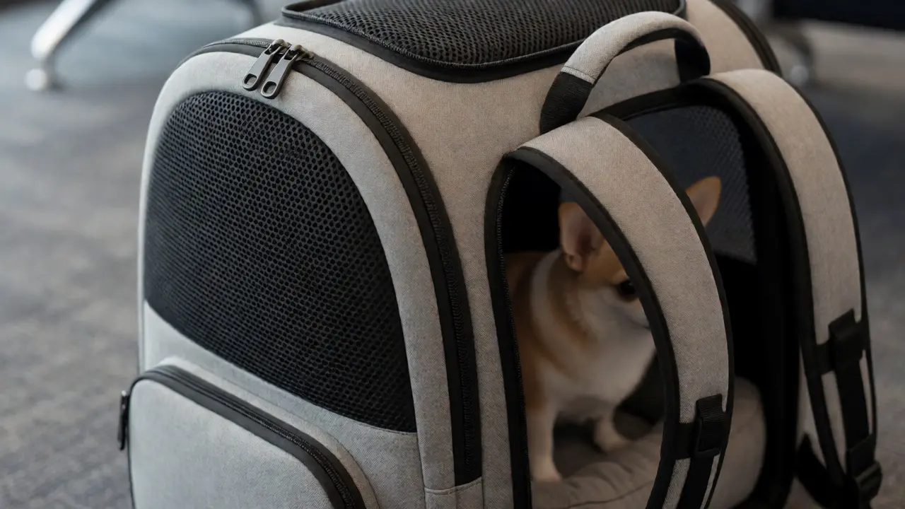 Detailní pohled na ventilaci a zipy schváleného batohu pro psa