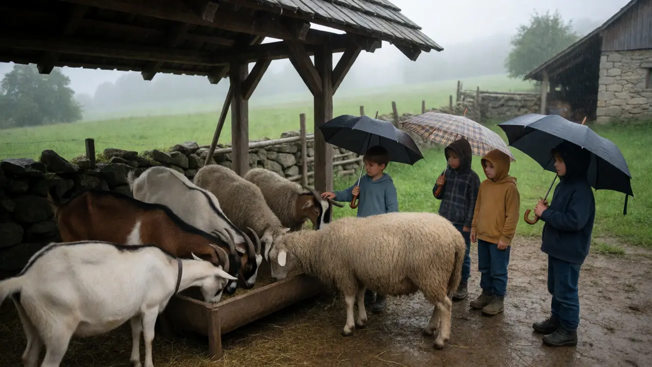 Děti pozorují kozy a ovce pod přístřeškem na venkovské farmě