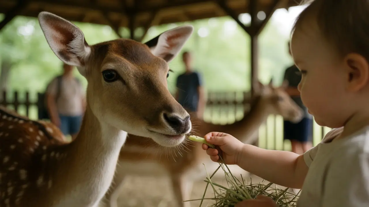 Dítě krmi jelence evropského v krytém pavilonu kontaktní zoo