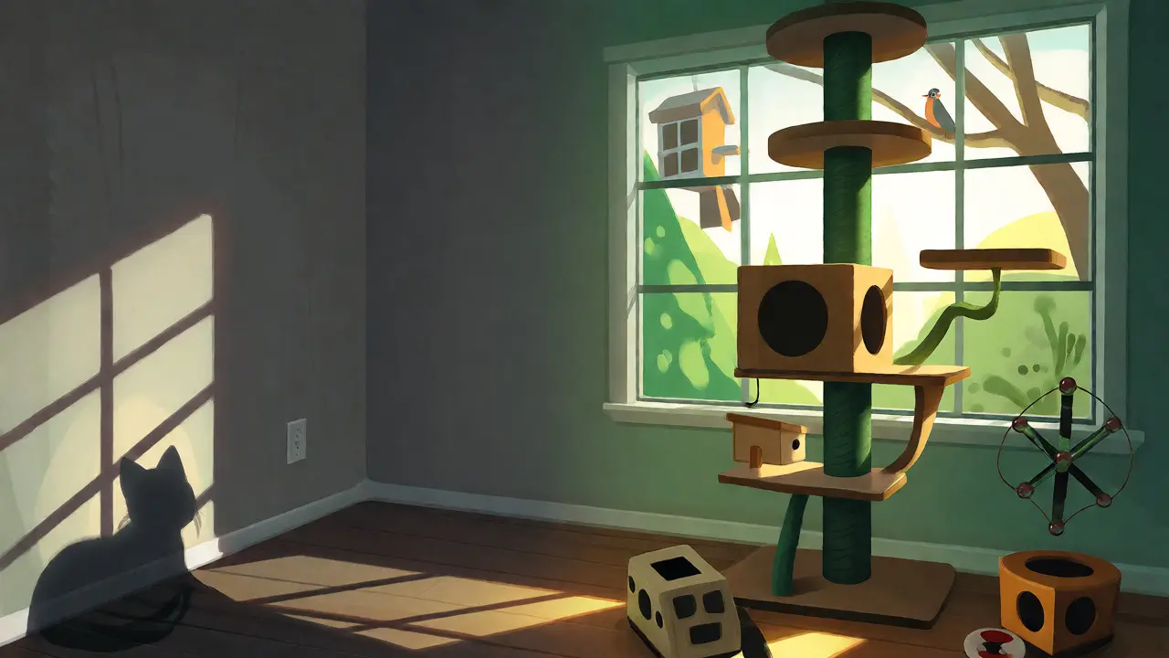 Ilustrace kočičího stromku u okna s ptáky venku jako stimulace pro kočku.