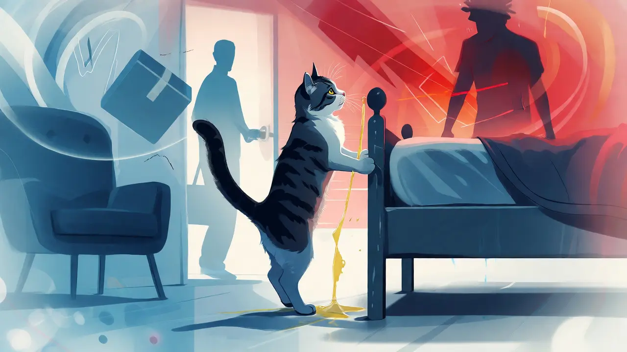 Ilustrace kočky označující teritorium močí kvůli stresu ze změn v domácnosti.