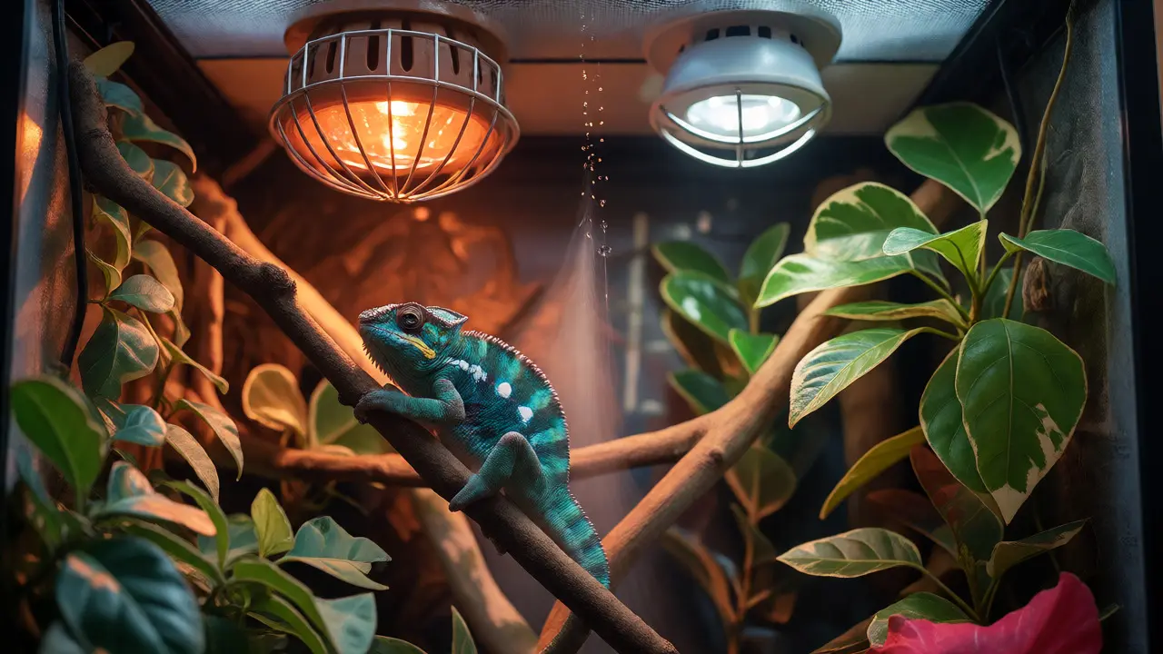 Interiér vybaveného terária s chameleonem na větvi pod lampami
