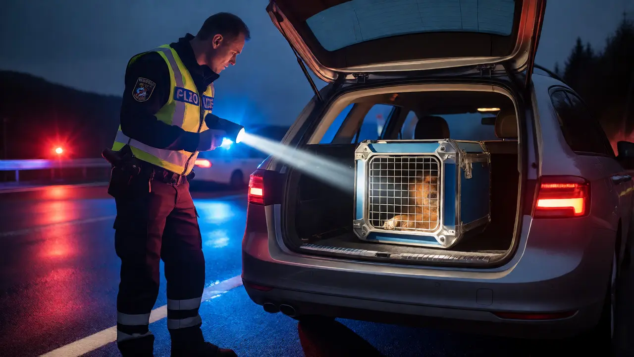 Rakouský policista kontroluje psa v přepravním boxu v kufru auta