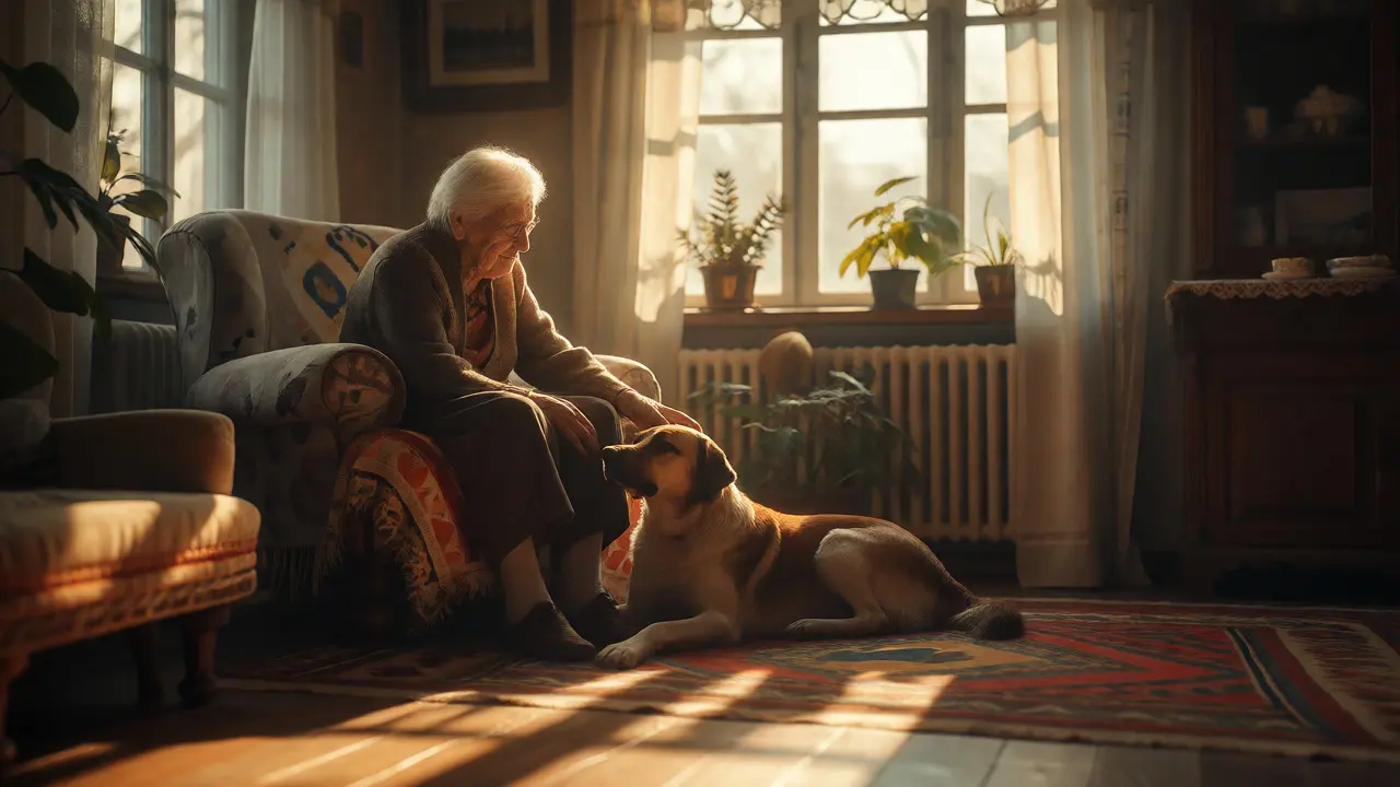 Seniorka hladí svého psa v útulném obývacím pokoji s denním světlem.