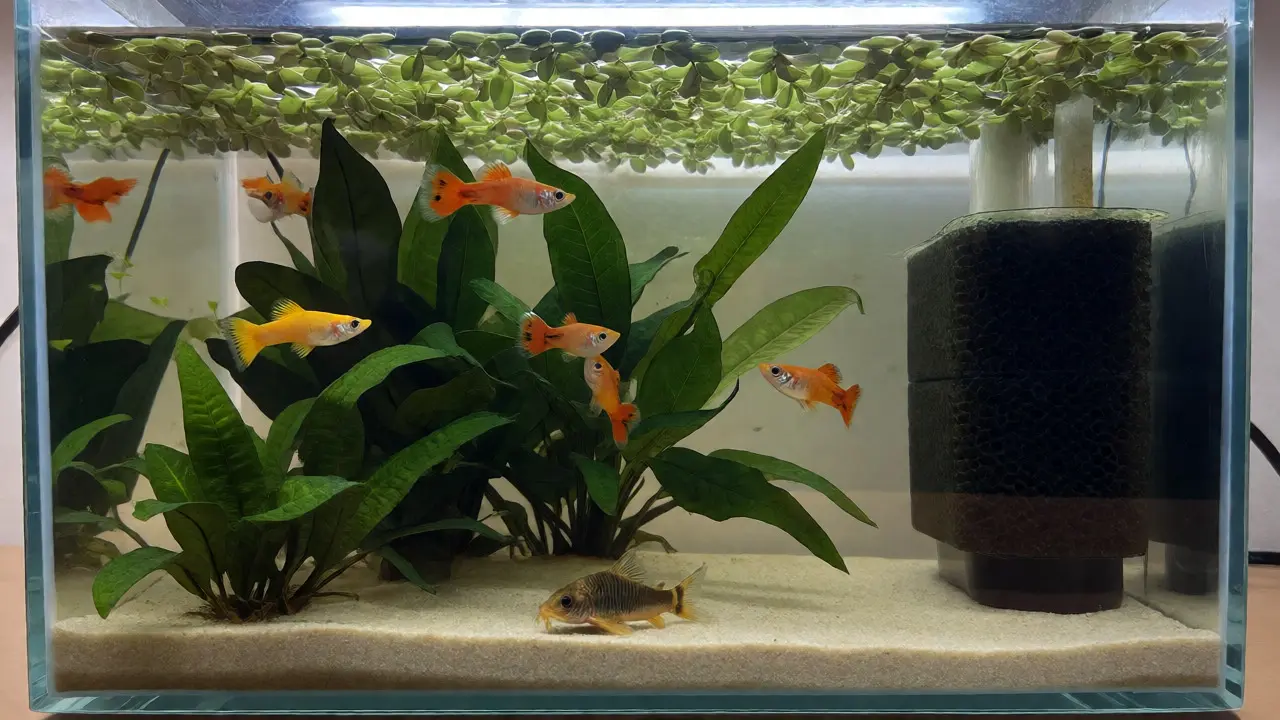 Tiché akvárium s guppymi, mečovkami a pancéřníkem na jemném písku