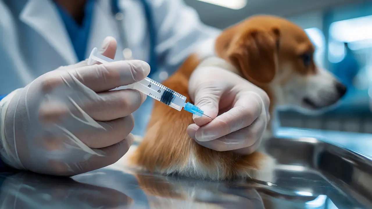 Veterinář aplikuje očkování nebo čip psovi v klinickém prostředí