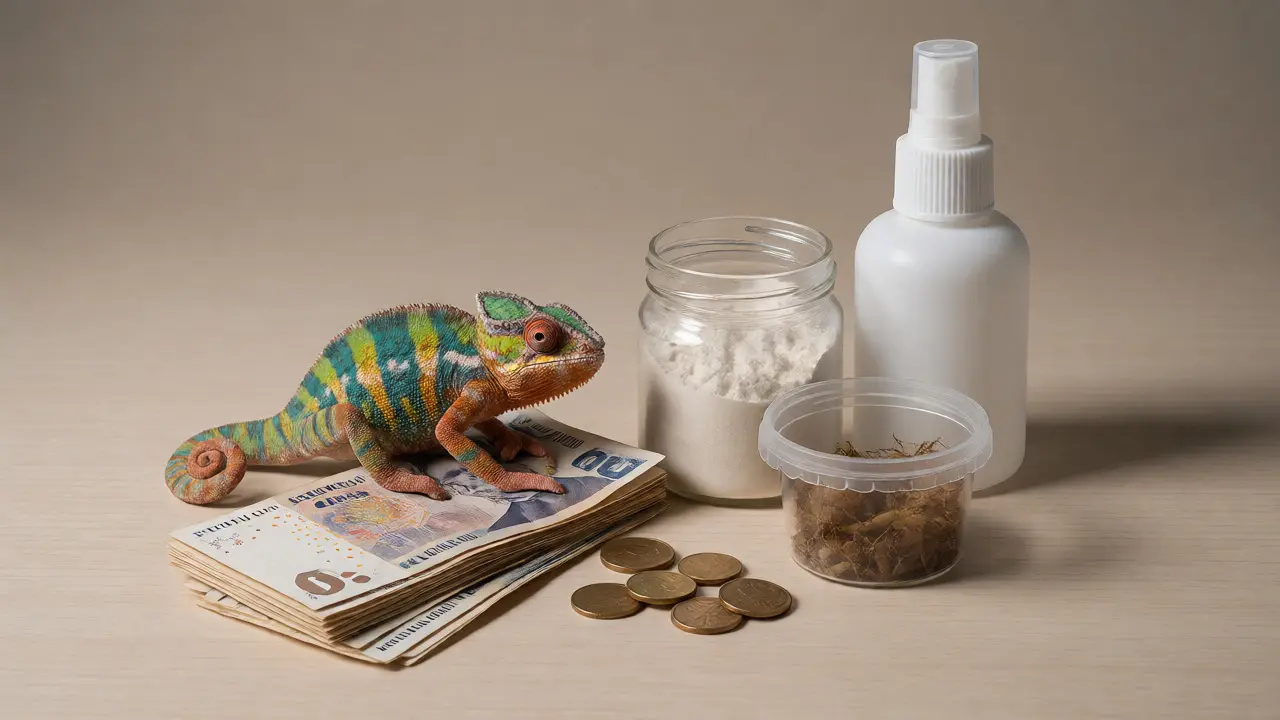 Chameleon vedle korun, krmiva a doplňků stravy na dřevěném stole