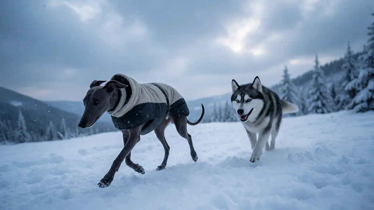 Chrt v bundě a husky ve sněhu na zimní procházce v horách