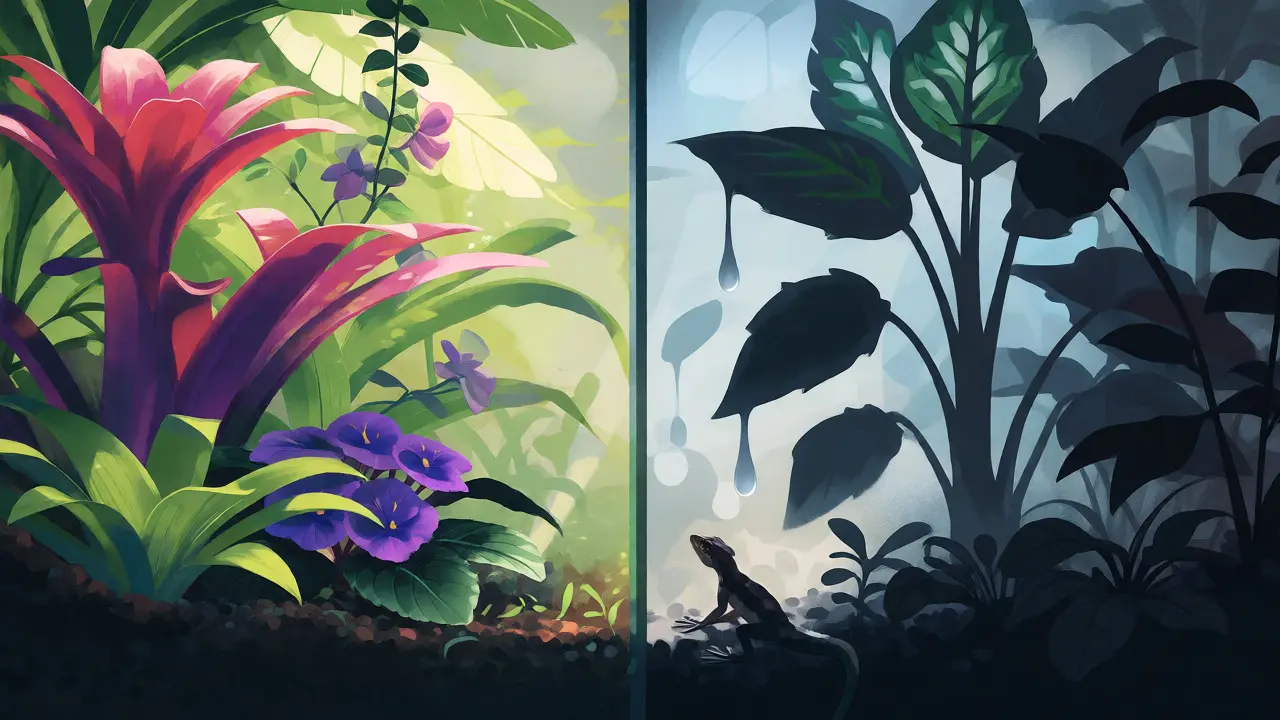 Conceptual art comparing safe and toxic terrarium plants
