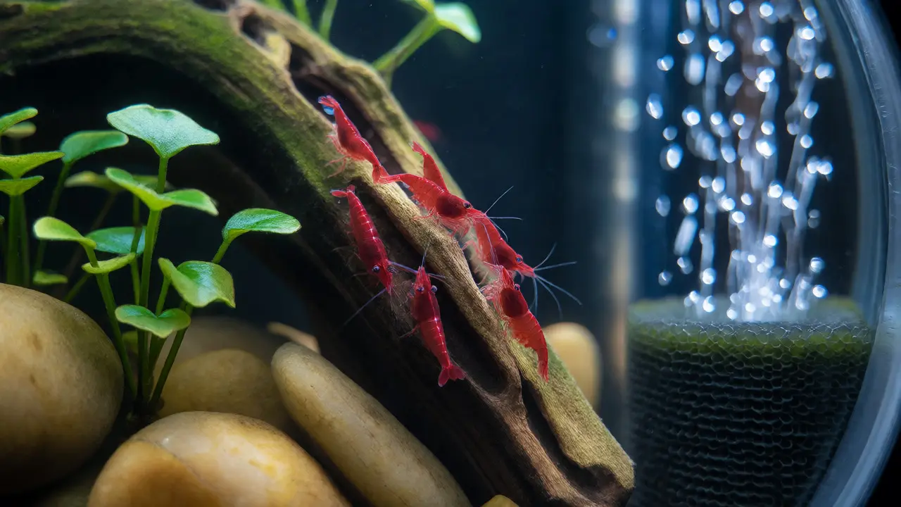 Krevety Red Cherry na kořenu s mechem v kulatém akváriu