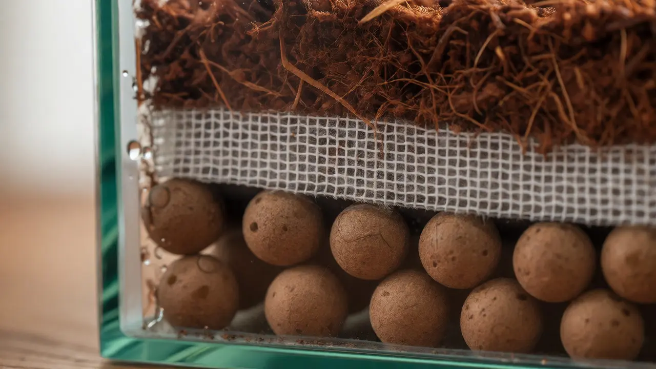 Řez teráriem ukazující vrstvy drenáže a substrátu